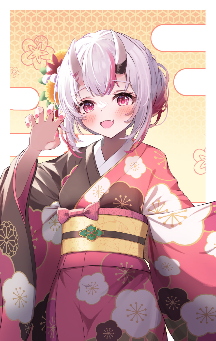 1girl absurdres fang floral_print flower hair_flower hair_ornament highres hololive horn_ornament horns japanese_clothes keesuke_(kkosyoku) kimono multicolored_hair nakiri_ayame obi oni open_mouth pink_eyes pink_hair pink_kimono pink_nails red_flower sash short_hair skin_fang solo streaked_hair virtual_youtuber white_flower wide_sleeves yellow_flower yellow_sash