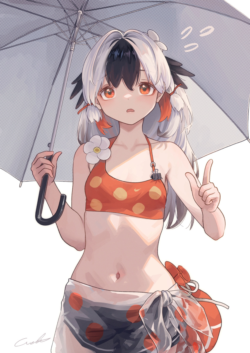 1girl absurdres arknights bikini black_hair breasts commentary_request cowboy_shot highres holding holding_umbrella long_hair multicolored_hair navel official_alternate_costume orange_bikini orange_eyes small_breasts snowsant_(arknights) solo swimsuit two-tone_hair umbrella welt_(kinsei_koutenkyoku) white_hair