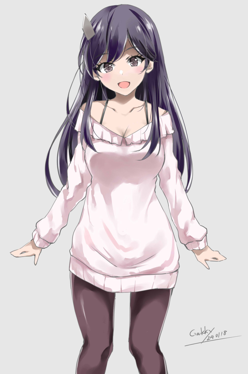 1girl alternate_costume black_hair black_pantyhose blush breasts collarbone cowboy_shot dated dress gakky gradient_background grey_background headgear highres i-400_(kancolle) kantai_collection long_hair looking_at_viewer medium_breasts open_mouth pantyhose purple_eyes ribbed_dress short_dress signature smile solo