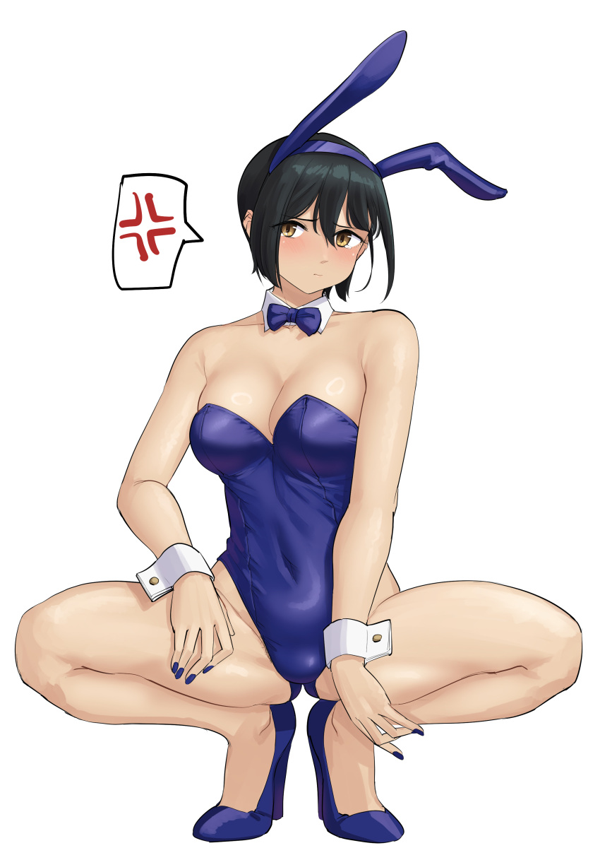1girl absurdres anger_vein animal_ears black_hair blue_bow blue_bowtie blue_footwear blue_leotard bob_cut bow bowtie breasts cleavage covered_navel detached_collar fake_animal_ears high_heels highres large_breasts leotard original playboy_bunny pondo_(peng-model) rabbit_ears short_hair simple_background solo spoken_anger_vein strapless strapless_leotard white_background wrist_cuffs yellow_eyes