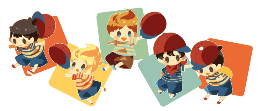 4boys backpack bag bandana bandana_around_neck black_eyes blonde_hair blue_footwear blue_shorts blush_stickers brown_bag brown_hair brown_shorts claus_(mother_3) hat highres hitofutarai lucas_(mother_3) male_focus mother_(game) mother_1 mother_2 mother_3 multiple_boys ness_(mother_2) ninten red_bandana red_headwear shirt short_hair shorts sideways_hat smile solid_oval_eyes striped_clothes striped_shirt unworn_hat unworn_headwear white_footwear