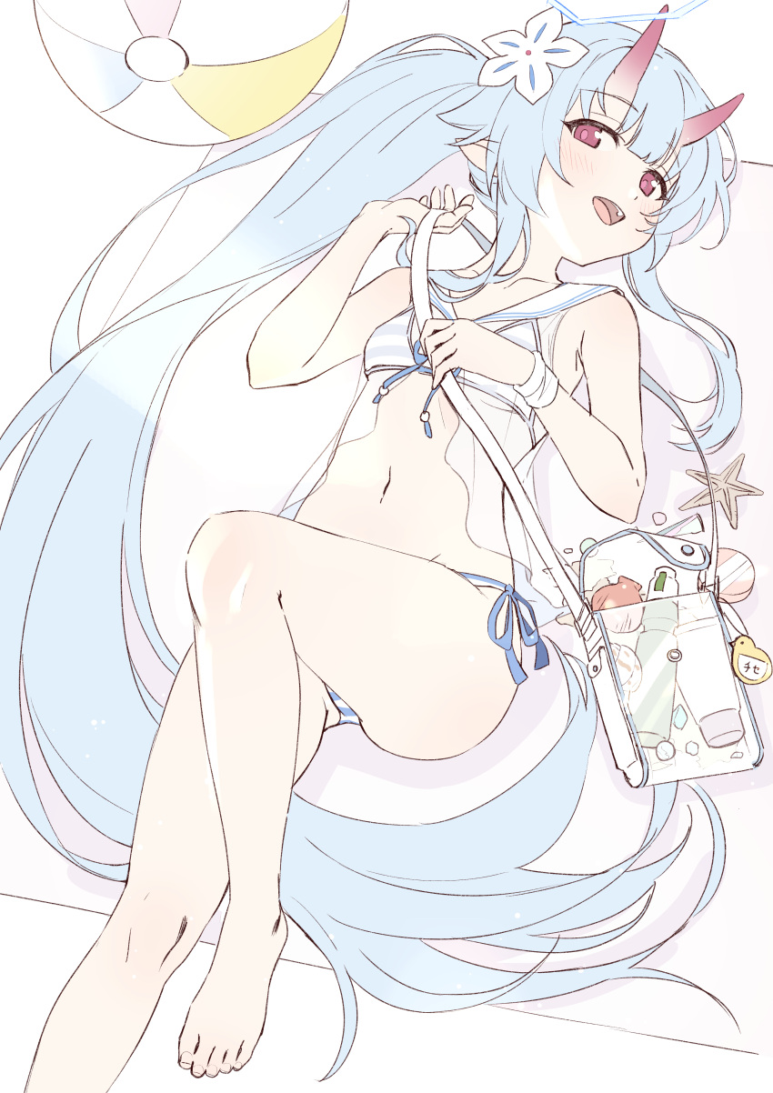 1girl absurdres bag ball barefoot beachball bikini blue_archive blue_bikini blue_hair blue_halo chise_(blue_archive) chise_(swimsuit)_(blue_archive) commentary_request double-parted_bangs feet gradient_horns hair_between_eyes halo highres horns knee_up long_hair looking_at_viewer lotion lotion_bottle lying multicolored_horns navel official_alternate_costume official_alternate_hairstyle on_back open_mouth pointy_ears red_eyes red_horns sailor_bikini sailor_collar see-through see-through_shirt shoulder_bag side-tie_bikini_bottom skin-covered_horns smile solo starfish stomach striped_bikini striped_clothes sunscreen swimsuit thighs tibaridooor transparent_bag very_long_hair white_sailor_collar
