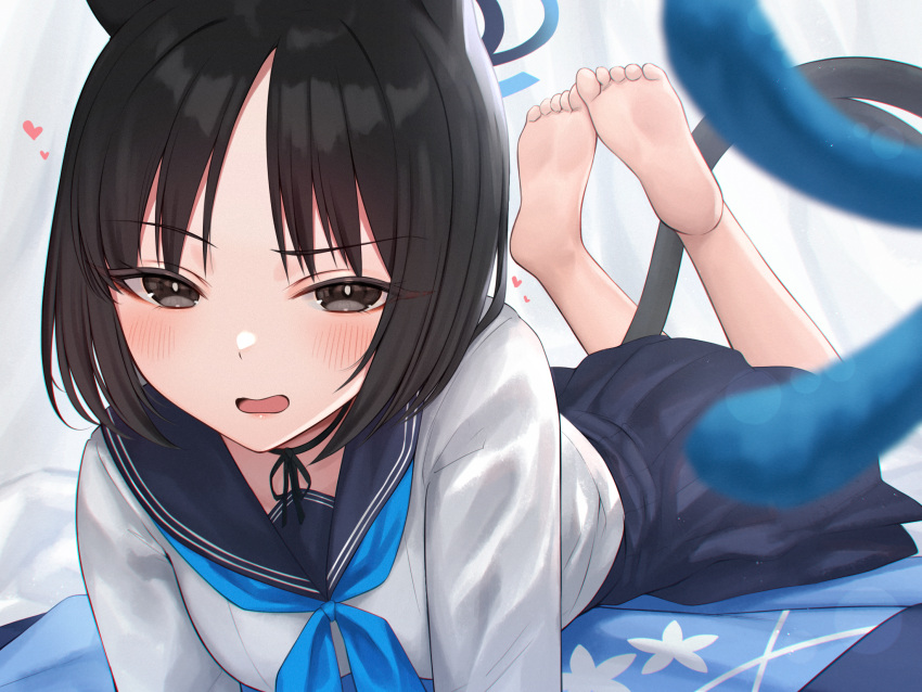 1girl animal_ears barefoot black_eyes black_hair blue_archive blue_halo blue_neckerchief blue_sailor_collar blue_skirt blush bright_pupils cat_ears cat_tail commentary_request halo highres hoshimiya_aki kikyou_(blue_archive) long_hair long_sleeves looking_at_viewer lying multiple_tails neckerchief on_stomach sailor_collar school_uniform serafuku shirt short_hair skirt soles solo tail toes white_pupils white_shirt
