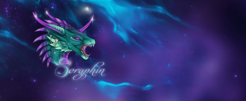 ambiguous_gender dragon english_text fantasy feathers feral gold_earring green_body green_feathers green_fin green_scales head_shot hi_res horn purple_body purple_horn purple_scales purple_spikes scales selianth seraphin solo space text