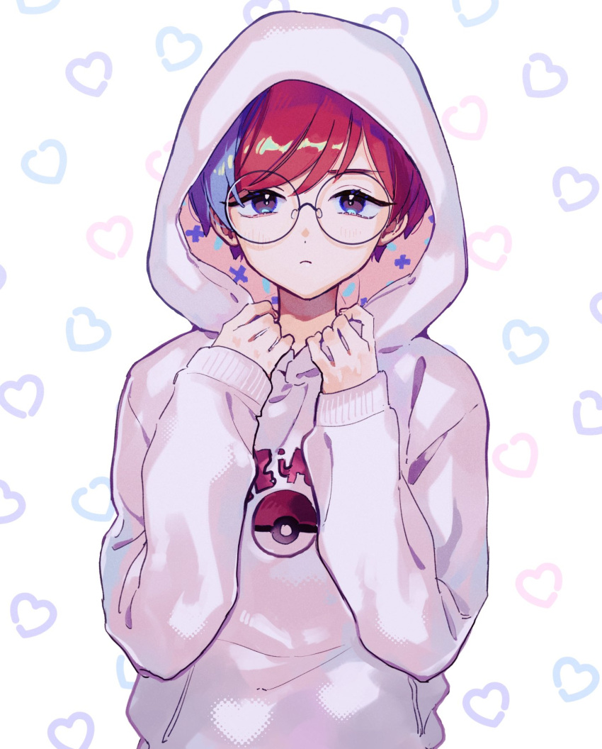 1girl blue_hair closed_mouth e_aasq glasses grey_eyes highres hood hoodie long_sleeves multicolored_hair penny_(pokemon) poke_ball_print pokemon pokemon_masters_ex red_hair round_eyewear short_hair solo two-tone_hair white_hoodie