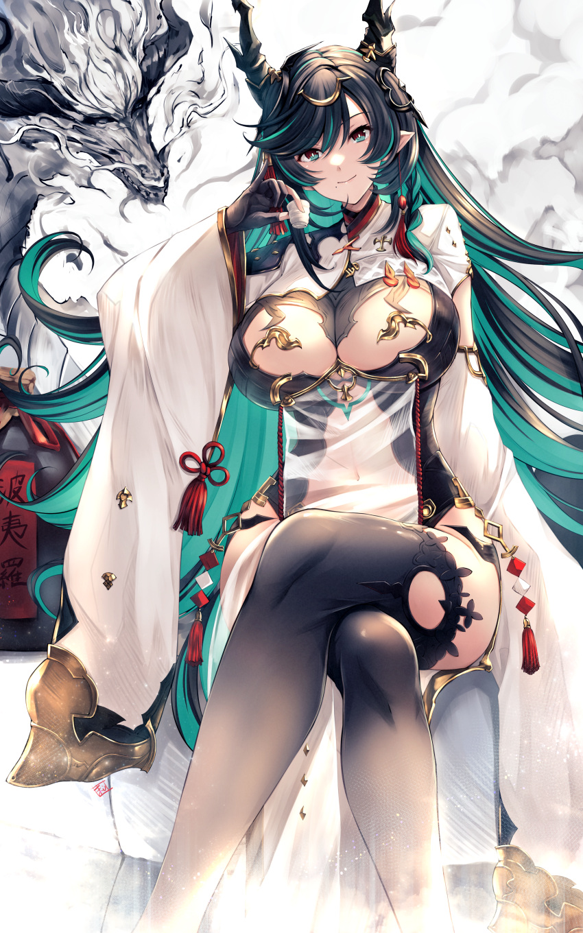 1girl absurdres black_gloves black_hair black_thighhighs breast_cutout breasts clothing_cutout colored_inner_hair crossed_legs cup detached_sleeves dragon dragon_girl dragon_horns draph dress eastern_dragon fingerless_gloves gloves granblue_fantasy green_eyes green_hair hair_between_eyes hair_ornament highres holding holding_cup horn_ornament horns kamishiro_mai_(capti-no) large_breasts long_hair looking_at_viewer mole mole_under_mouth multicolored_eyes multicolored_hair navel payila_(granblue_fantasy) pointy_ears red_eyes see-through see-through_dress sitting smile solo stomach_cutout tassel tassel_hair_ornament thighhighs two-tone_eyes two-tone_hair very_long_hair white_dress white_sleeves wide_sleeves