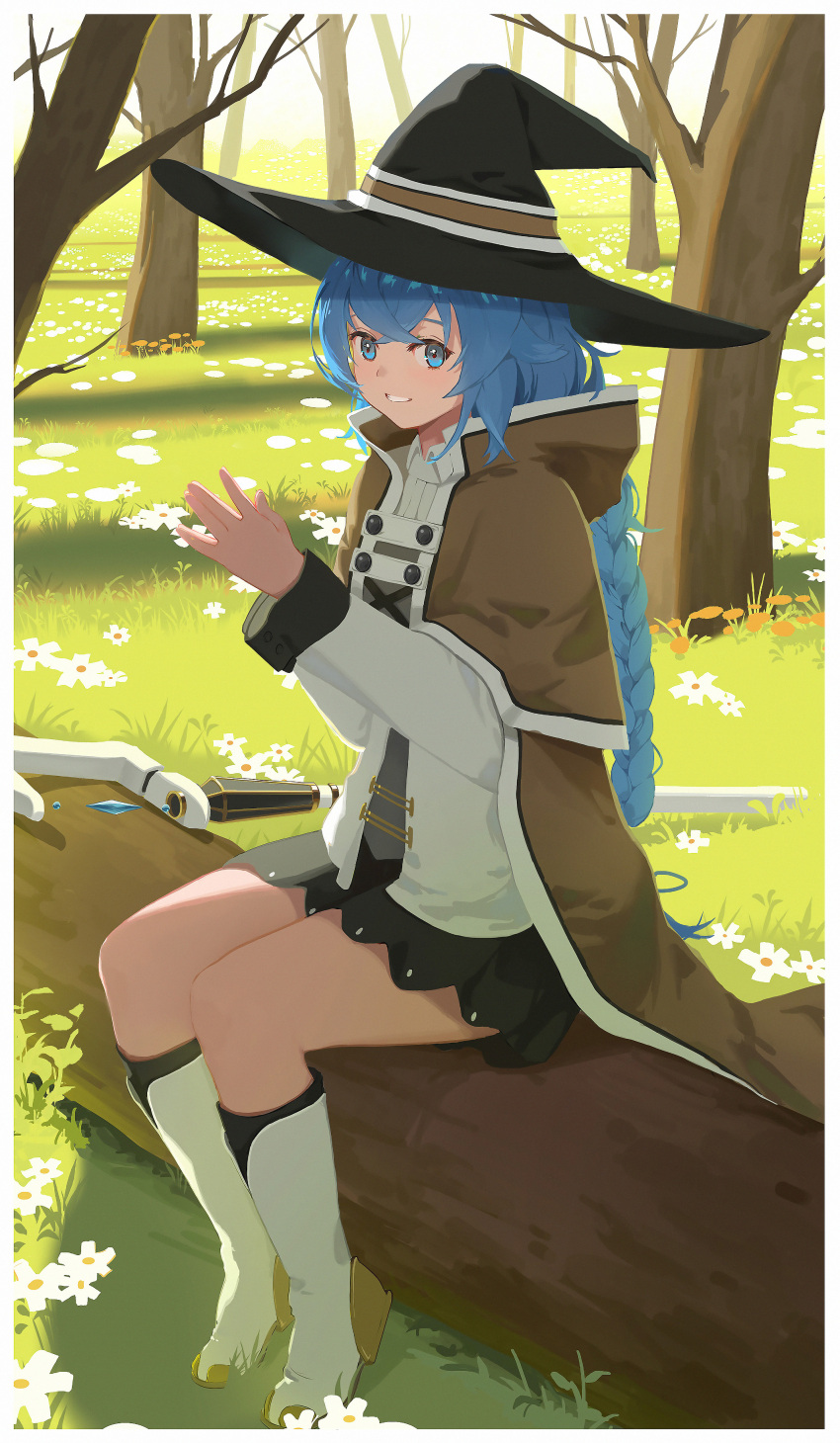 1girl absurdres black_headwear black_skirt black_socks blue_eyes blue_hair boots braid capelet commentary crystal flat_chest flower forest full_body grass grey_shirt hat highres jacket log looking_at_viewer mage_staff mushoku_tensei nature own_hands_together roxy_migurdia shirt sitting sitting_on_object skirt smile socks solo tenkiraku tiptoes twin_braids white_capelet white_flower white_footwear white_jacket witch_hat