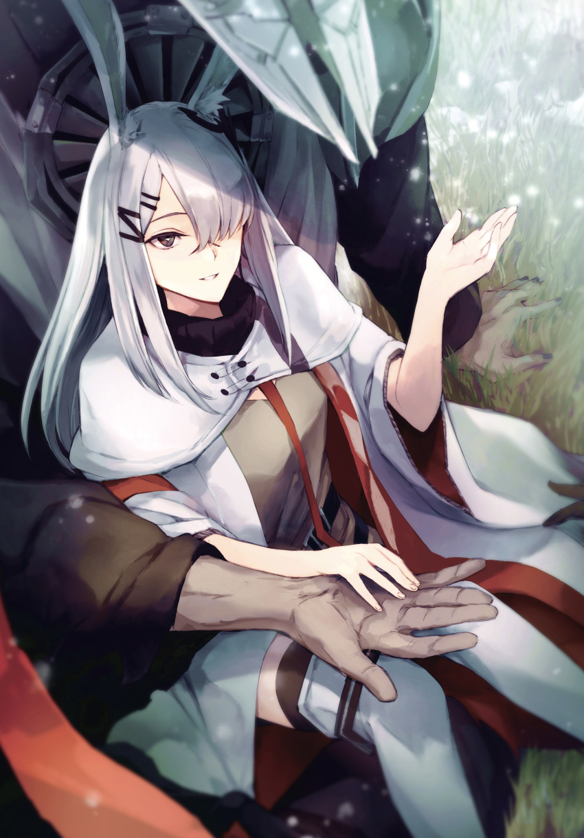 1boy 1girl absurdres animal_ear_fluff animal_ears arknights arm_support bed_sheet black_jacket brown_dress brown_eyes capelet character_request dress e-bushi feet_out_of_frame frostnova_(arknights) grey_hair hair_ornament hair_over_one_eye hairclip hand_up highres jacket long_hair long_sleeves rabbit_ears sitting smile thighhighs very_long_hair white_capelet white_jacket white_thighhighs wide_sleeves