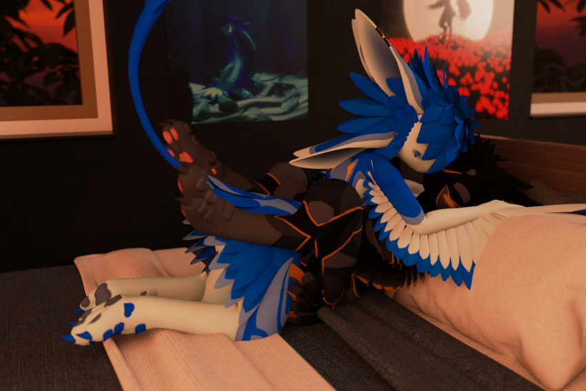 &lt;3 3d_(artwork) 4_ears ambiguous_gender anthro avali bed black_body black_feathers black_fur blue_body blue_feathers blue_fur blush detailed_background digital_media_(artwork) duo eyes_closed feathers from_front_position fur furniture hi_res hugging_during_sex jukkavali kyrie_(jukkavali) legs_up lying missionary_position multi_ear obscured_penetration obscured_sex on_back on_bed pillow plant poster sex sunset winged_arms wings