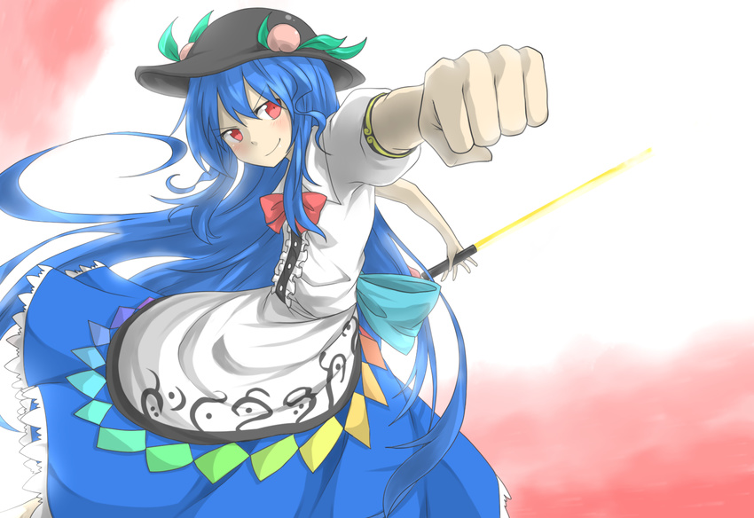 &gt;:) blue_hair bow clenched_hand dress flat_chest food foreshortening fruit hat highres hinanawi_tenshi long_hair nobamo_pieruda outstretched_arm peach red_eyes reverse_grip ribbon skirt smile smirk solo sword_of_hisou touhou v-shaped_eyebrows weapon