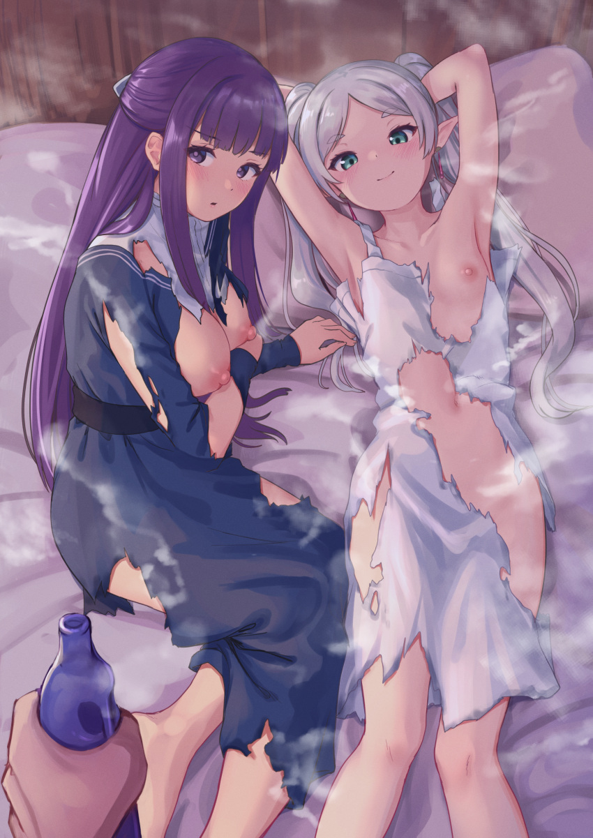 1boy 2girls armpits arms_up barefoot belt black_belt blue_dress blunt_bangs bottle breasts dress elf fern_(sousou_no_frieren) flat_chest frieren green_eyes highres holding holding_bottle large_breasts long_hair looking_at_viewer lying multiple_girls nipples on_back on_bed parted_bangs pillow pointy_ears pov pov_hands purple_eyes purple_hair roke_(taikodon) shirt sitting sousou_no_frieren torn_clothes torn_dress twintails white_dress white_hair white_shirt