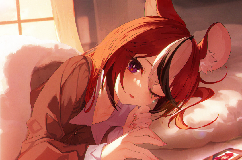 1girl absurdres animal_ears bed bedroom black_hair blanket blue_eyes cellphone english_commentary hakos_baelz highres hololive hololive_english indoors irys_(hololive) jiang_ye_kiri long_hair looking_at_viewer lying mouse_ears mouse_girl multicolored_hair on_bed on_side one_eye_closed pajamas parted_lips phone pillow pov_across_bed red_hair smartphone solo streaked_hair under_covers virtual_youtuber waking_up white_hair window