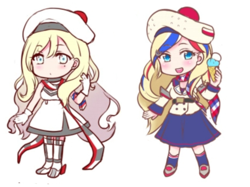 2girls absurdres beret blonde_hair blue_dress blue_eyes blue_hair buttons chibi commandant_teste_(kancolle) double-breasted dress food garter_straps gloves hair_between_eyes hat highres ice_cream izumi_shara kantai_collection long_hair looking_at_viewer mole mole_under_eye multicolored_clothes multicolored_dress multicolored_hair multicolored_scarf multiple_girls plaid plaid_scarf pom_pom_(clothes) red_hair richelieu_(kancolle) scarf simple_background standing streaked_hair two-tone_legwear wavy_hair white_background white_gloves white_hair white_headwear