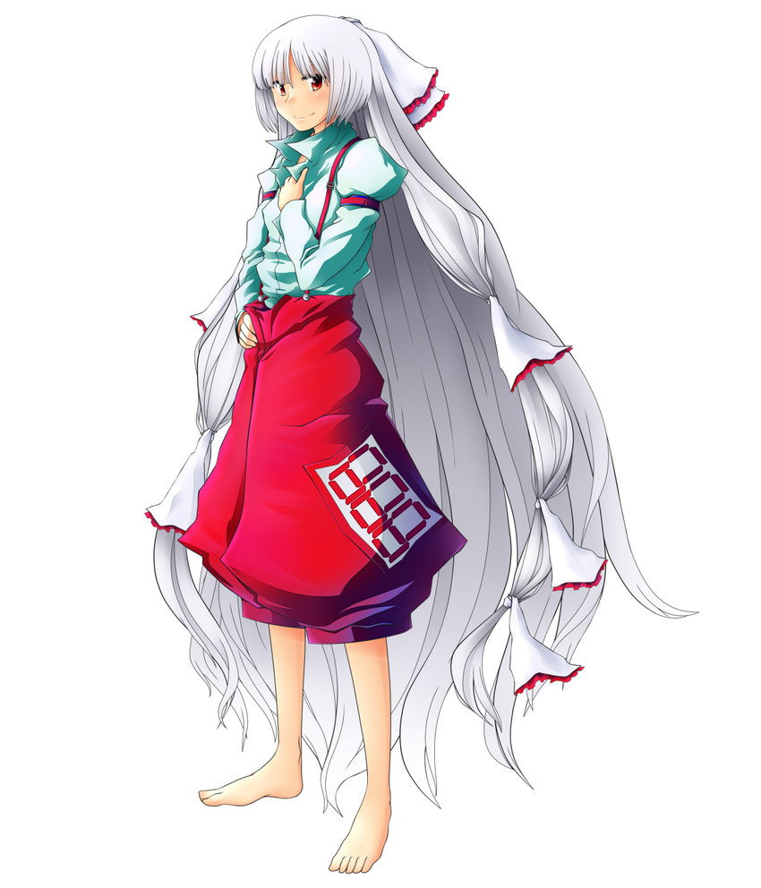 arm_strap barefoot bbb_(33kudo) bow dress_shirt fujiwara_no_mokou full_body hair_bow hair_ribbon hand_on_hip highres hime_cut long_hair long_sleeves looking_at_viewer pants popped_collar puffy_long_sleeves puffy_sleeves red_eyes ribbon shirt silver_hair smile solo standing suspenders touhou tress_ribbon very_long_hair white_background