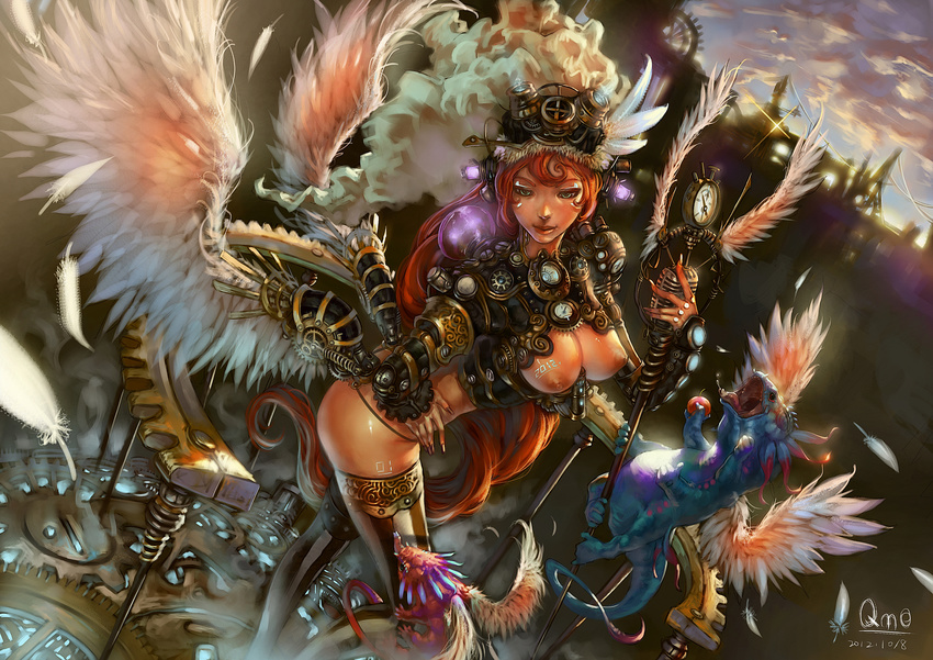 absurdres armor breasts clock feathers green_eyes helmet highres large_breasts lizard long_hair mecha nipples original qmo_(chalsoma) red_hair solo steampunk thighhighs wings