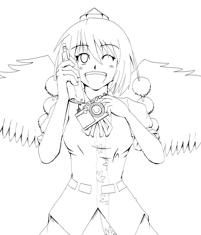 breasts camera greyscale hat highres kouno_ibuki lineart looking_at_viewer mechanical_pencil medium_breasts monochrome notebook one_eye_closed open_mouth pencil shameimaru_aya short_hair smile solo tokin_hat touhou wings