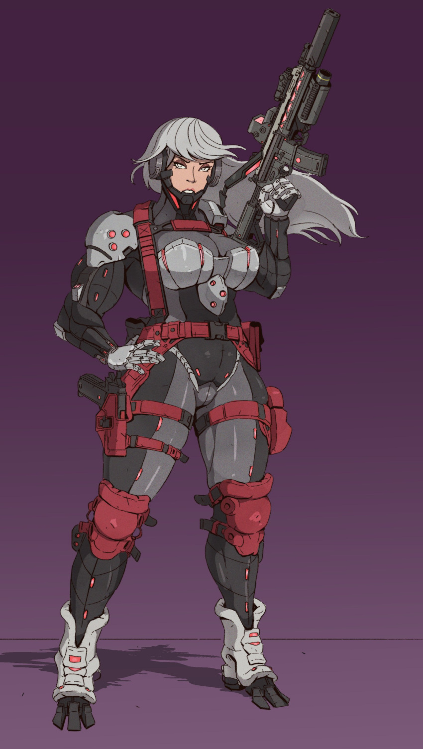 1girl absurdres ammunition_pouch assault_rifle belt bodysuit cyborg grenade_launcher gun h&amp;k_hk416 hand_on_own_hip handgun hat_legs highres knee_pads long_hair looking_at_viewer muscular muscular_female original pouch prosthesis prosthetic_leg purple_background rifle solo suppressor underbarrel_grenade_launcher weapon white_eyes white_hair