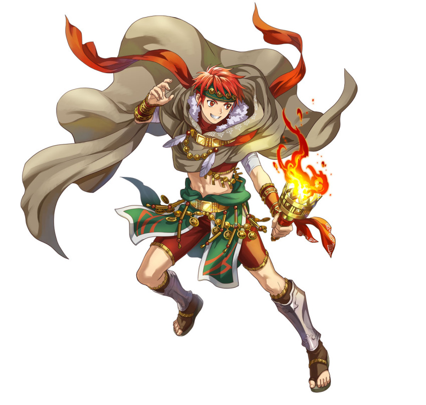 1boy attack cape capelet fire fire_emblem fire_emblem:_radiant_dawn full_body fur-trimmed_capelet fur_trim grin headband indesign midriff navel official_alternate_costume official_art red_eyes red_hair red_scarf scarf smile solo teeth torch tormod_(fire_emblem) tormod_(indomitable_will)_(fire_emblem)