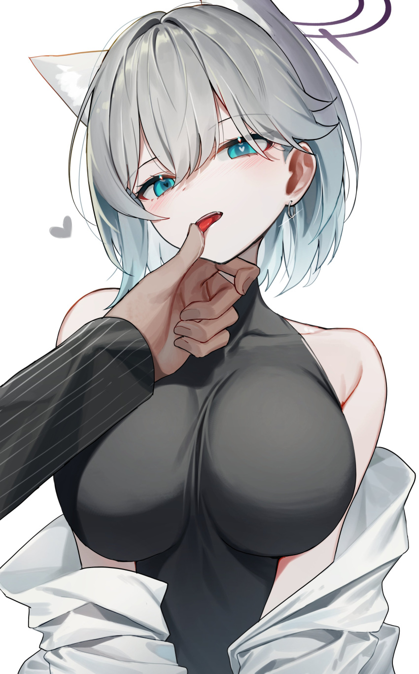 1girl absurdres animal_ear_fluff animal_ears aqua_eyes bare_shoulders black_shirt blue_archive breasts covered_collarbone earrings extra_ears finger_to_another's_mouth grey_hair halo hand_on_another's_chin heart heart-shaped_pupils highres impossible_clothes impossible_shirt jewelry large_breasts licking looking_at_viewer medium_hair mismatched_pupils open_clothes open_mouth open_shirt pov pov_hands shiroko_(blue_archive) shirt simple_background sleeveless sleeveless_shirt sugar_(dndi888) symbol-shaped_pupils turtleneck upper_body white_background wolf_ears