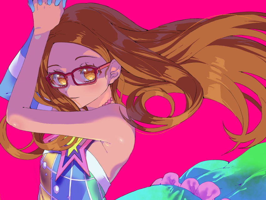 1girl akai_meganee arms_up bare_shoulders brown_eyes brown_hair closed_mouth dress glasses highres interlocked_fingers long_hair looking_at_viewer multicolored_clothes multicolored_dress own_hands_together pink_background pretty_series pripara red-framed_eyewear simple_background solo star_(symbol) tsujii_ruki upper_body wind