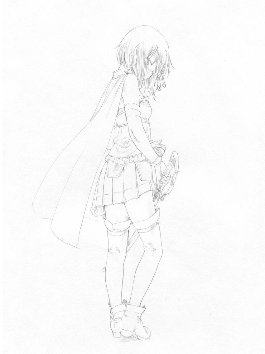 armband artist_request blush cape gloves greyscale hair_ornament hairclip highres looking_back magical_girl mahou_shoujo_madoka_magica mahou_shoujo_madoka_magica_movie miki_sayaka monochrome short_hair simple_background sketch solo sword thighhighs weapon zettai_ryouiki