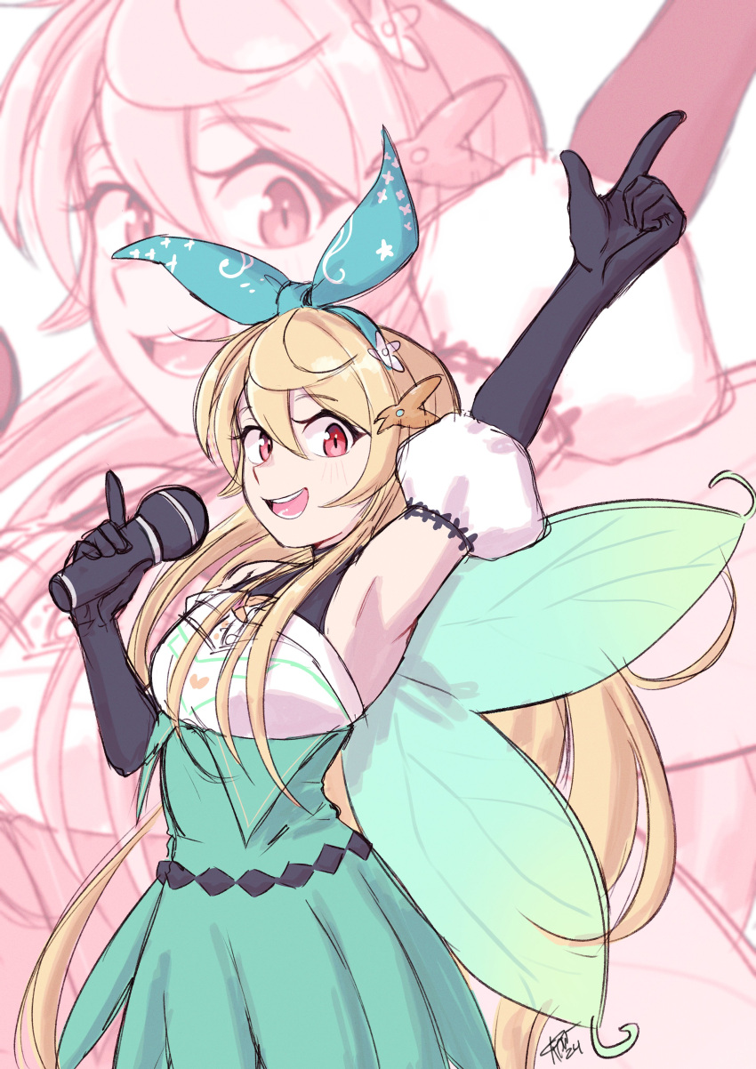 1girl absurdres black_gloves blonde_hair bow corviwing elbow_gloves gloves green_skirt green_wings hair_bow hand_up high-waist_skirt highres holding holding_microphone long_hair microphone nijisanji nijisanji_en pomu_rainpuff pomu_rainpuff_(1st_costume) red_eyes skirt solo very_long_hair virtual_youtuber wings