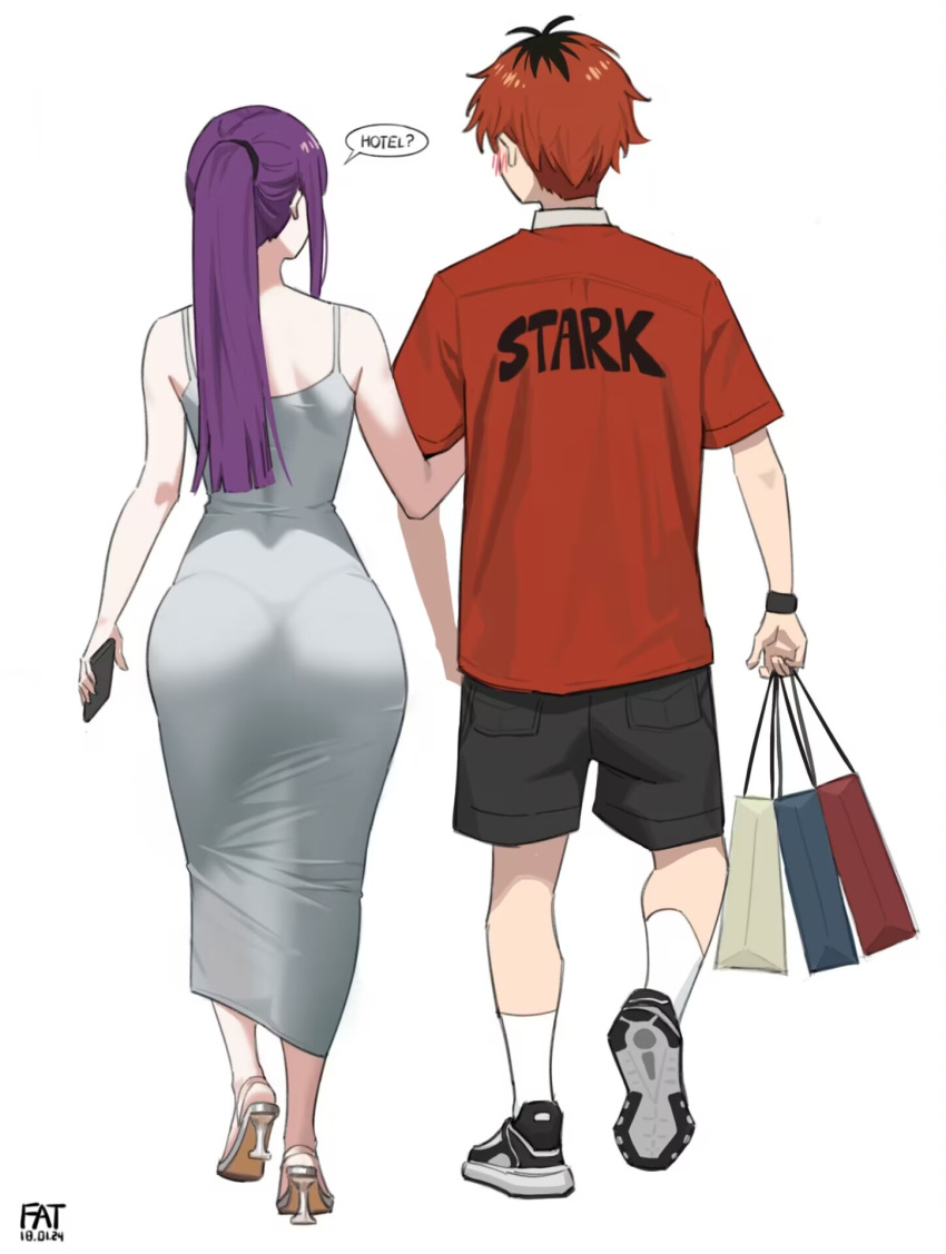 1boy 1girl alternate_costume arm_hug ass bag black_footwear black_hair cellphone contemporary dress fatzhai fern_(sousou_no_frieren) from_behind full_body grey_dress hetero highres holding holding_bag holding_phone multicolored_hair pantylines phone ponytail purple_hair red_hair red_shirt roots_(hair) see-through_silhouette shirt shoes shopping_bag simple_background sleeveless sleeveless_dress sneakers sousou_no_frieren speech_bubble stark_(sousou_no_frieren) white_background