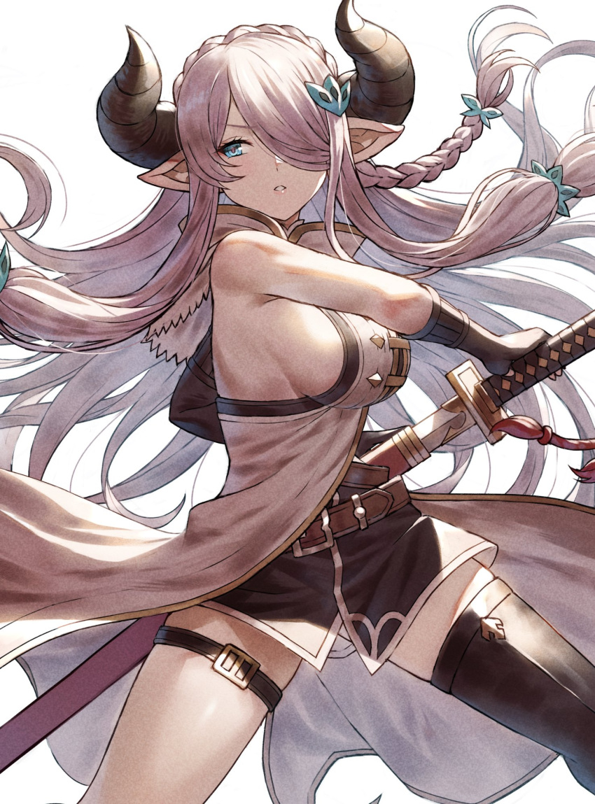 1girl armpit_crease armpit_peek armpits asymmetrical_gloves asymmetrical_legwear bare_shoulders belt black_gloves black_thighhighs blue_eyes braid breasts crown_braid draph elbow_gloves fagi_(kakikaki) gloves granblue_fantasy hair_ornament hair_over_one_eye hairclip highres holding holding_sword holding_weapon horns incoming_attack katana large_breasts looking_to_the_side narmaya_(granblue_fantasy) pink_hair pointy_ears sheath sideboob sidelocks single_braid single_elbow_glove single_thighhigh solo sword teeth thigh_strap thighhighs thighs unsheathing weapon white_background