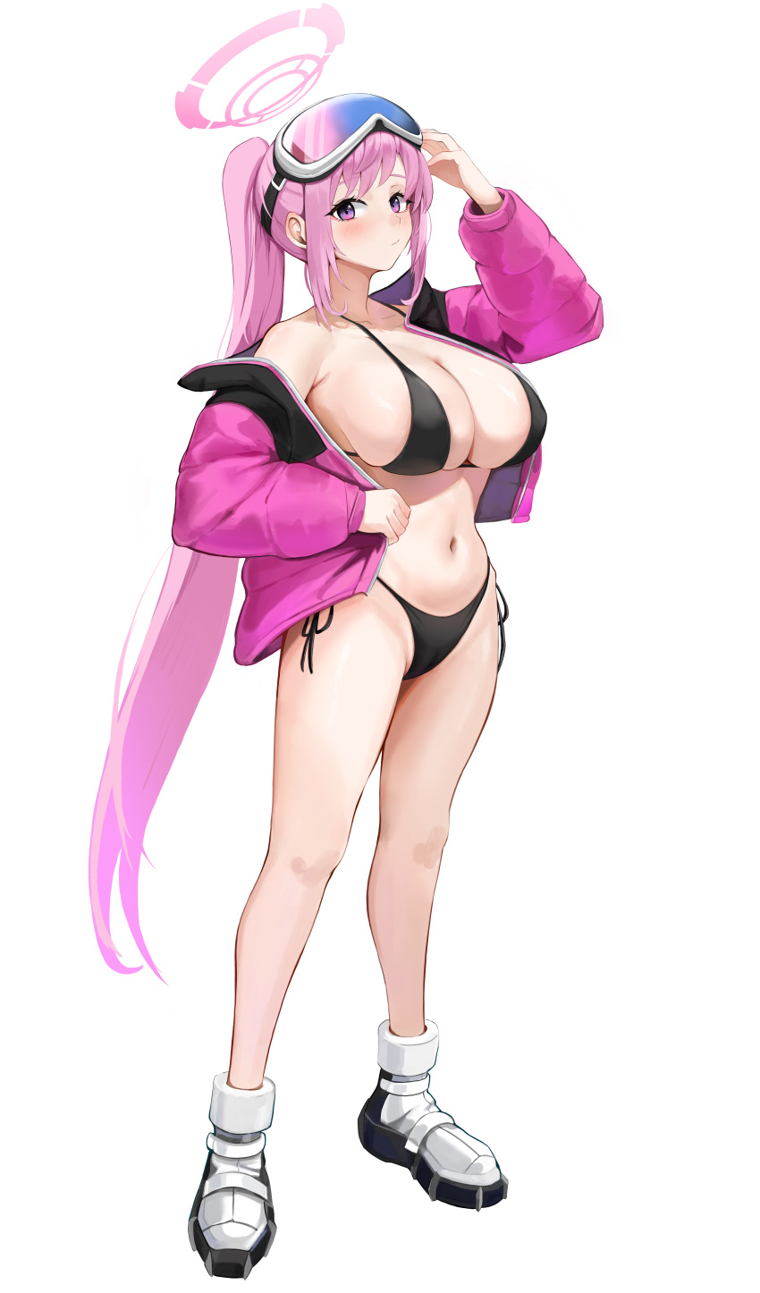 1girl absurdres bikini black_bikini blue_archive breasts eimi_(blue_archive) eimi_(swimsuit)_(blue_archive) full_body halo highres huge_breasts long_hair pink_eyes pink_hair pink_halo simple_background solo swimsuit usagol7 white_background