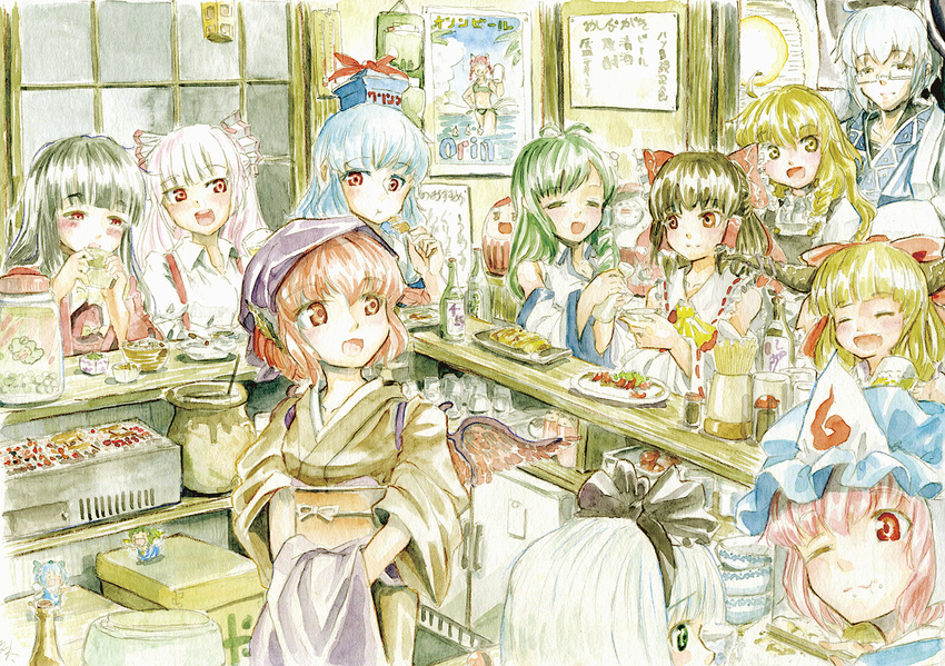 6+girls alcohol alternate_costume alternate_headwear animal_ears ashtray bare_shoulders beer bikini black_hair blue_hair blush bottle bow brown_hair chopsticks cigarette cirno colored_pencil_(medium) daiyousei daruma_doll detached_sleeves drinking eating fairy_(jintai) food fujiwara_no_mokou gintama glasses hair_bow hair_tubes hairband hakurei_reimu hat head_scarf hidamari_sketch horns houraisan_kaguya ibuki_suika japanese_clothes jinrui_wa_suitai_shimashita justaway kaenbyou_rin kamishirasawa_keine kimono kirisame_marisa kochiya_sanae konpaku_youmu master_(4th) minigirl mob_cap morichika_rinnosuke multiple_girls mystia_lorelei obi okamisty one_eye_closed open_mouth pink_hair poster_(object) red_eyes red_hair refrigerator saigyouji_yuyuko sake sash sayonara_zetsubou_sensei short_hair silver_hair smile smoke smoking swimsuit thermometer touhou traditional_media triangular_headpiece ume-sensei