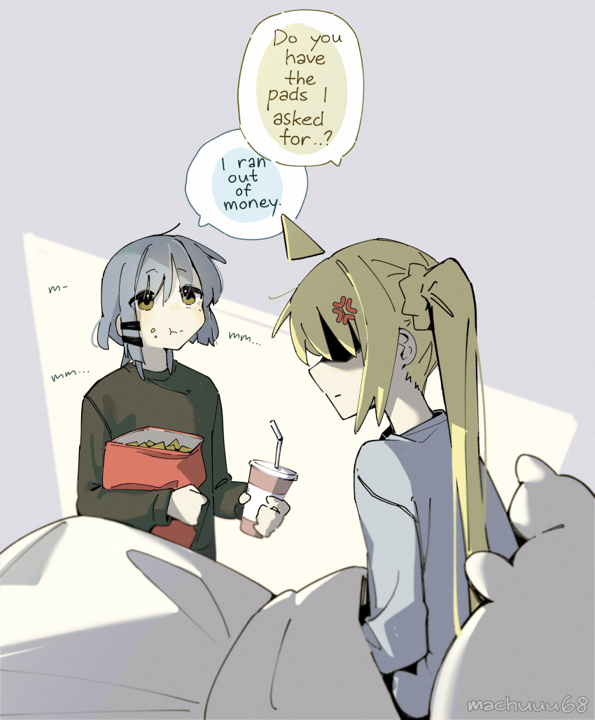 2girls absurdres ahoge alternate_costume anger_vein bed bed_sheet blonde_hair blue_hair bocchi_the_rock! chips_(food) cup detached_ahoge drink eating eyeshadow food highres ijichi_nijika long_hair machuuu68 makeup medium_hair multiple_girls on_bed potato_chips side_ponytail yamada_ryo yellow_eyes