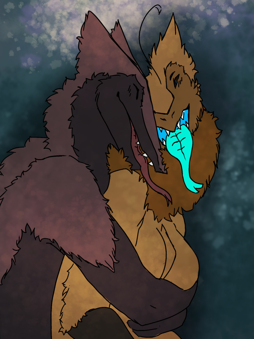 antennae_(anatomy) anthro blue_tongue brown_body brown_fur cuddling duo female fluffy fluffy_neck_fur fur helix_(lofinebulae) hi_res hybrid insect_hybrid intersex intersex/male lofinebulae lying male on_side orange_body orange_fur romantic romantic_couple sergal sergal_tapir tongue tongue_out unamed_cutie_(tox-eye-ceazy)