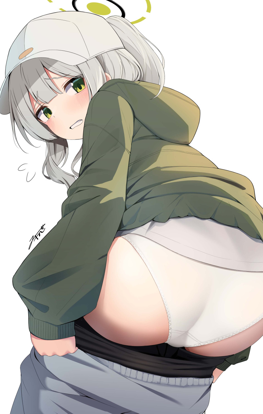 1girl absurdres akinoji_(akiponpon27) ass baseball_cap blue_archive blunt_bangs commentary cowboy_shot from_behind from_below green_eyes green_jacket grey_hair grey_pants halo hare_(blue_archive) hare_(camp)_(blue_archive) hat highres hood hood_down hooded_jacket jacket looking_at_viewer looking_back official_alternate_costume open_mouth panties pants pants_lift parted_bangs ponytail simple_background solo underwear white_background white_headwear white_panties yellow_halo