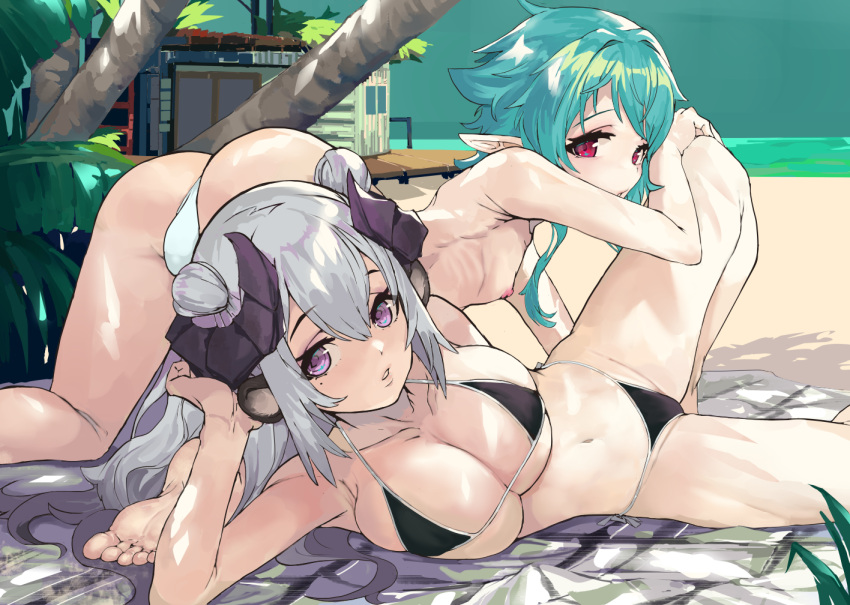 1boy 1girl animal_ears ass beach bikini black_bikini breasts bulge chikafuji_lisa cleavage english_commentary grey_hair horns large_breasts long_hair looking_at_viewer lying male_swimwear micro_bikini mole mole_under_eye navel nipples on_side outdoors palm_leaf palm_tree parted_lips pier pointy_ears purple_eyes red_eyes sheep_ears sheep_girl sheep_horns short_hair_with_long_locks supahboodge swim_briefs swimsuit tree tsunderia tsurugi_nen virtual_youtuber water white_male_swimwear