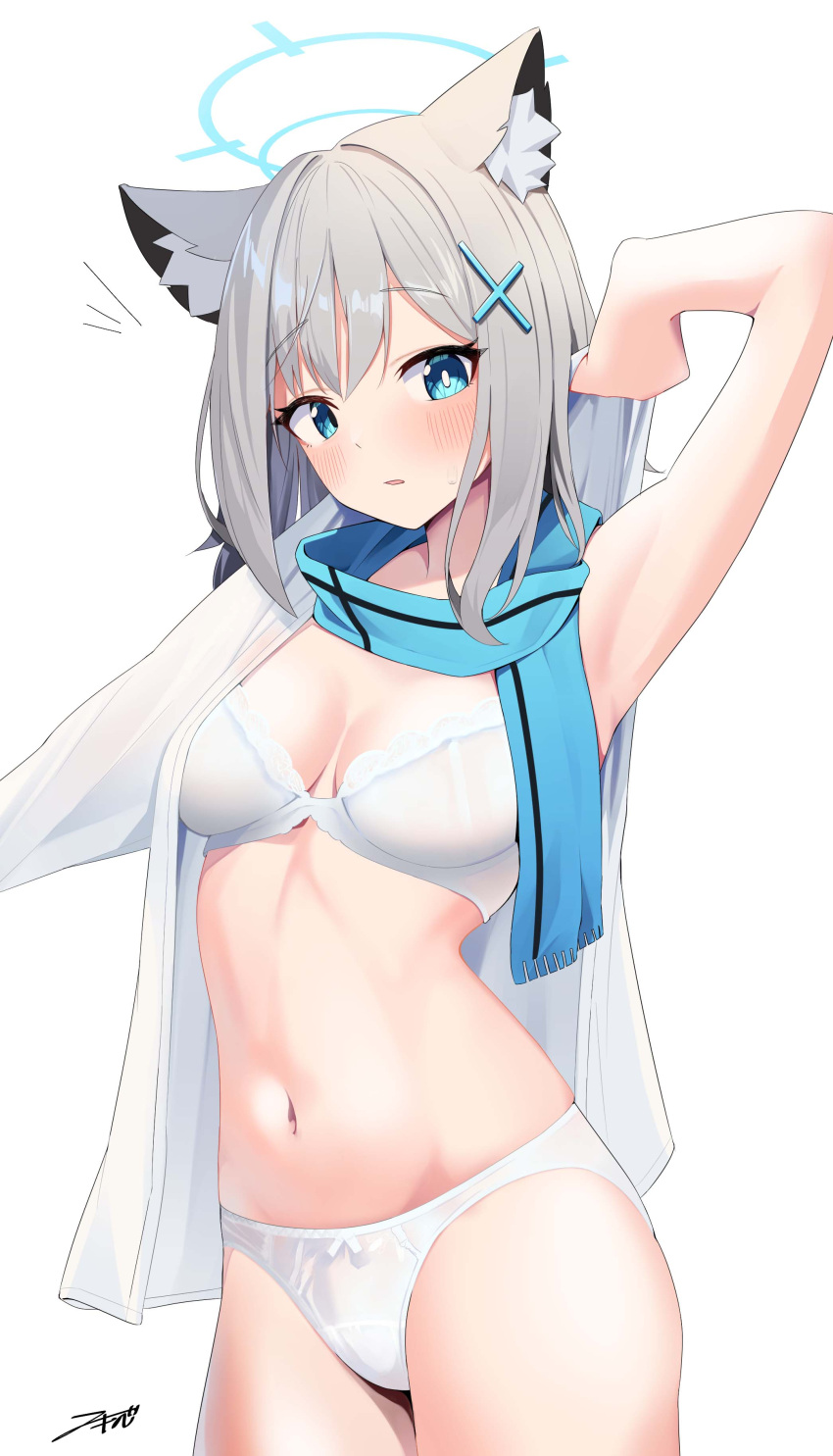 1girl absurdres akinoji_(akiponpon27) animal_ear_fluff animal_ears arm_up armpits blue_archive blue_eyes blue_halo blue_scarf blush bra breasts cleavage commentary_request cowboy_shot cross cross_hair_ornament grey_hair hair_ornament halo highres inverted_cross looking_at_viewer medium_breasts mismatched_pupils navel open_mouth panties scarf shiroko_(blue_archive) shirt shirt_partially_removed short_hair simple_background solo stomach underwear undressing white_background white_bra white_panties white_shirt wolf_ears wolf_girl