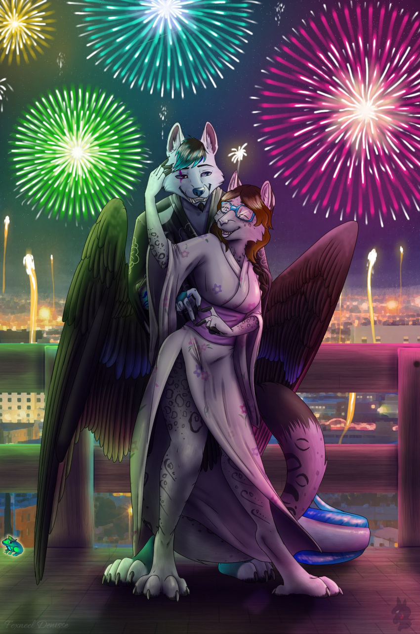 2022 anthro asian_clothing barefoot braided_hair brown_hair canid canine canis city cityscape claws clothing digit_ring digital_media_(artwork) digitigrade duo east_asian_clothing eye_scar eyewear facial_scar feathered_wings feathers feet felid female fexneel_denisse fireworks fluffy fluffy_ears fluffy_tail fur glasses hair hi_res japanese_clothing jewelry kimono male male/female mammal markings night open_mouth pantherine ring scar short_hair smile snow_leopard spots spotted_body spotted_fur tail watermark wedding_ring white_body white_fur wings wolf yukata