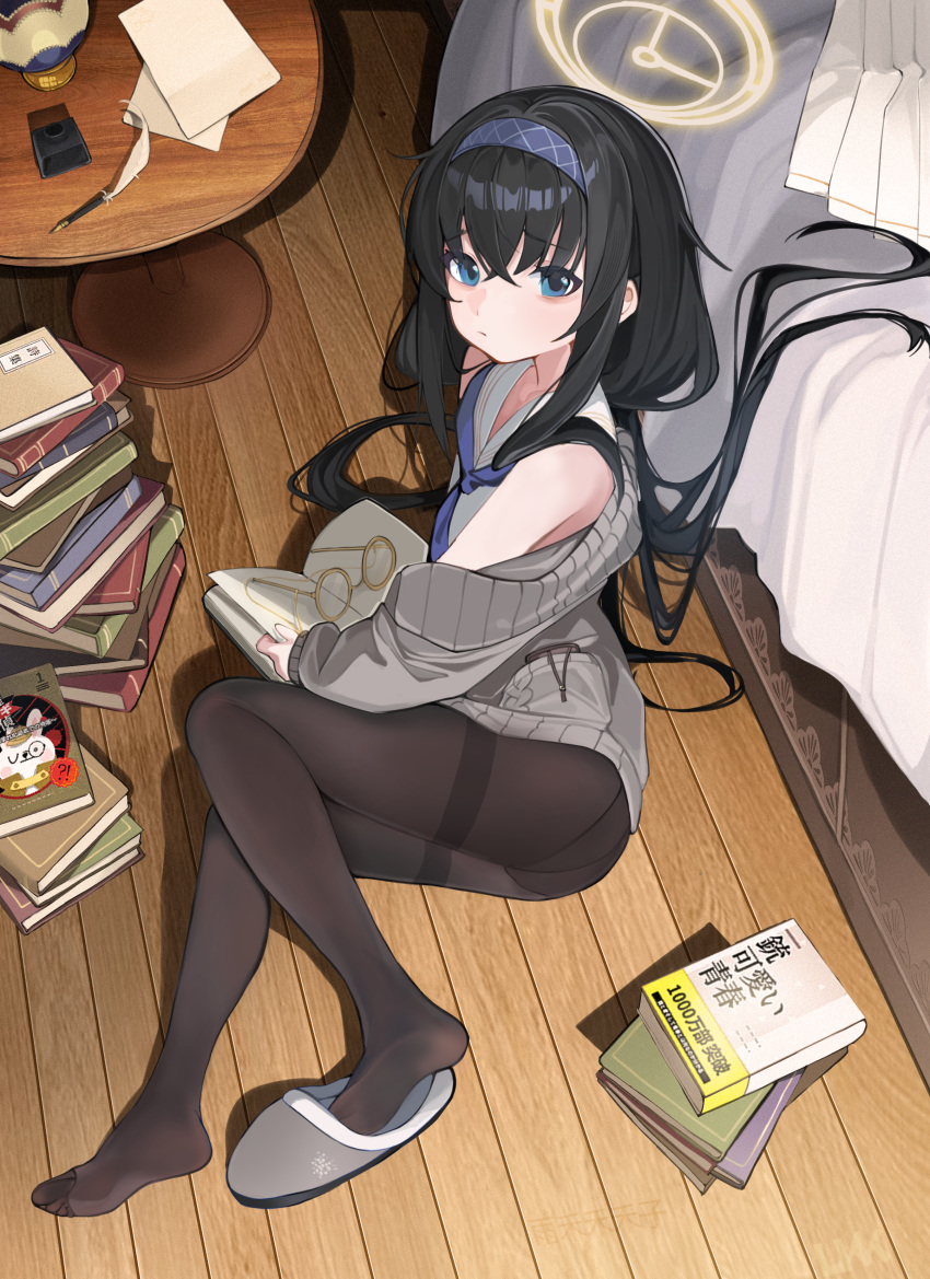 1girl absurdres ass bare_shoulders bed bed_sheet black_hair black_pantyhose black_thighhighs blue_archive book book_stack brown_cardigan cardigan closed_mouth commentary_request from_above full_body hairband halo highres holding holding_book long_hair looking_at_viewer no_shoes pantyhose paper pleated_skirt purple_eyes purple_hairband round_eyewear round_table sailor_collar shirt single_slipper skirt sleeveless sleeveless_shirt slippers soles solo table thighband_pantyhose thighhighs ui_(blue_archive) unworn_eyewear unworn_skirt white_sailor_collar white_shirt white_skirt yellow-framed_eyewear yellow_halo yuhezi