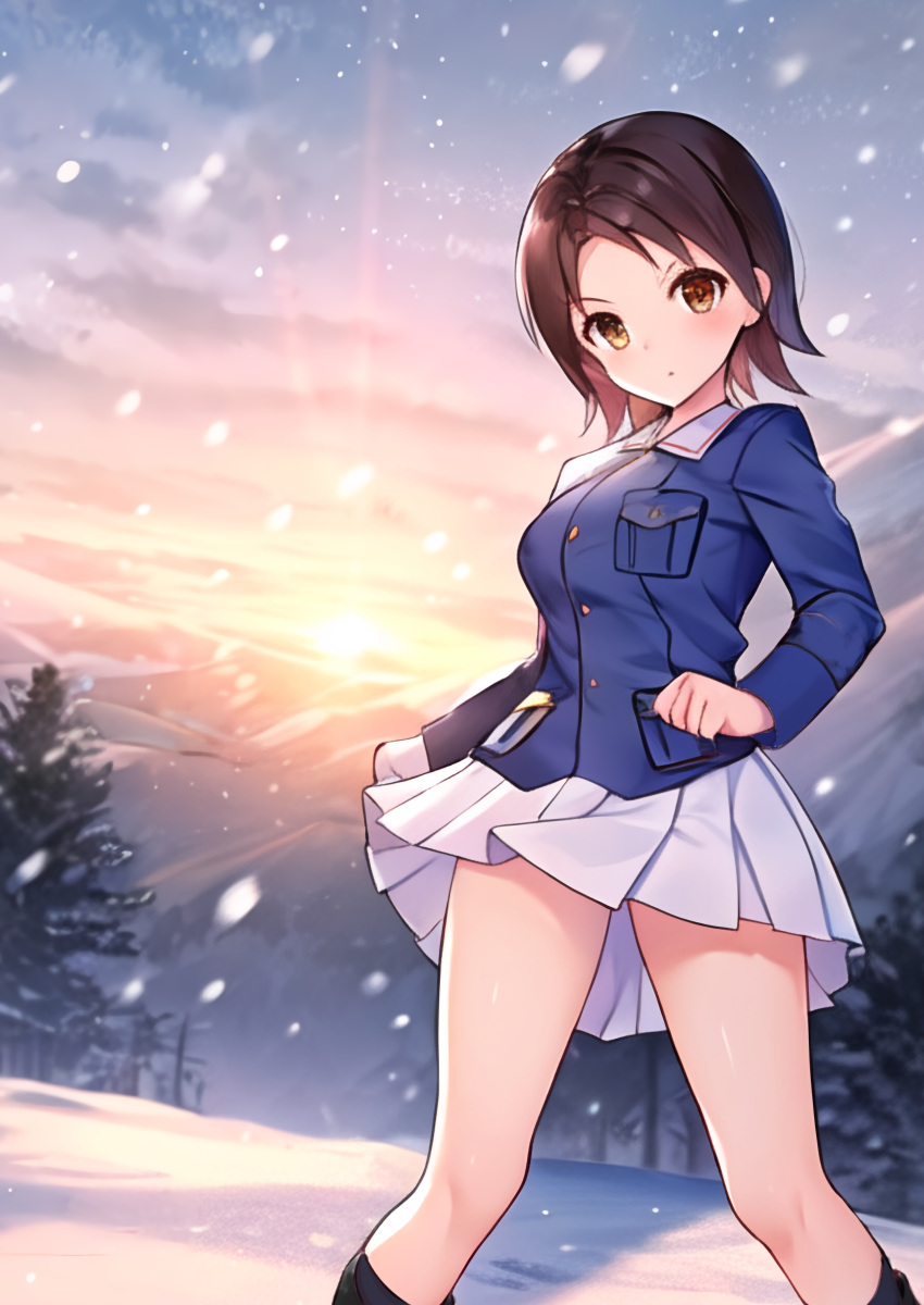 1girl absurdres ai-assisted black_footwear blue_jacket boots brown_eyes brown_hair closed_mouth commentary forest frown girls_und_panzer highres jacket long_sleeves looking_at_viewer military_uniform miniskirt mountain nature ooarai_military_uniform outdoors parted_bangs pleated_skirt sawa_azusa short_hair skirt snow snowing solo standing sunrise tokishiro_(himawarihatake) uniform white_skirt wind wind_lift