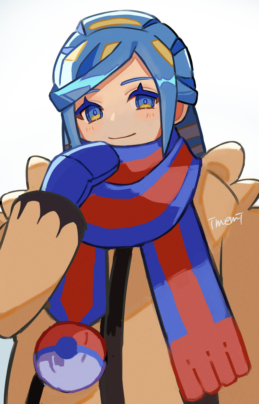 1boy blue_eyes blue_mittens blue_pupils blue_scarf blush closed_mouth commentary_request eyelashes grusha_(pokemon) hand_up highres imemi_fryme jacket long_sleeves looking_at_viewer male_focus mittens pokemon pokemon_sv scarf signature smile solo striped_clothes striped_scarf upper_body white_background yellow_jacket