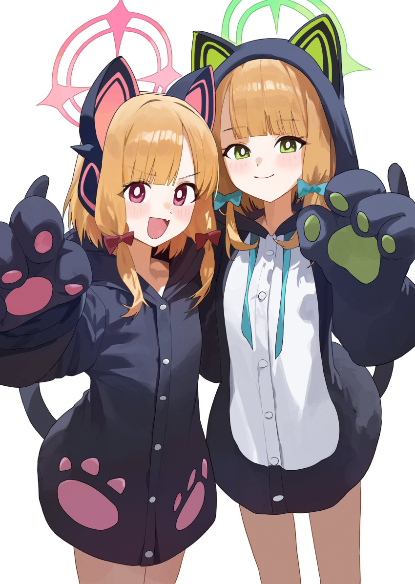 2girls alternate_costume animal_ears animal_hands animal_hood black_jacket blonde_hair blue_archive bow cat_ears cat_tail closed_mouth commentary_request cosplay fake_animal_ears fake_tail fang gloves green_eyes green_halo hair_bow halo highres hood hood_down hood_up hooded_jacket jacket kigurumi looking_at_viewer midori_(blue_archive) momoi_(blue_archive) multiple_girls open_mouth paw_gloves paw_pose pink_eyes pink_halo red_bow short_hair siblings sidelocks simple_background sisters skin_fang smile tail twins ushiwaka v-shaped_eyebrows white_background