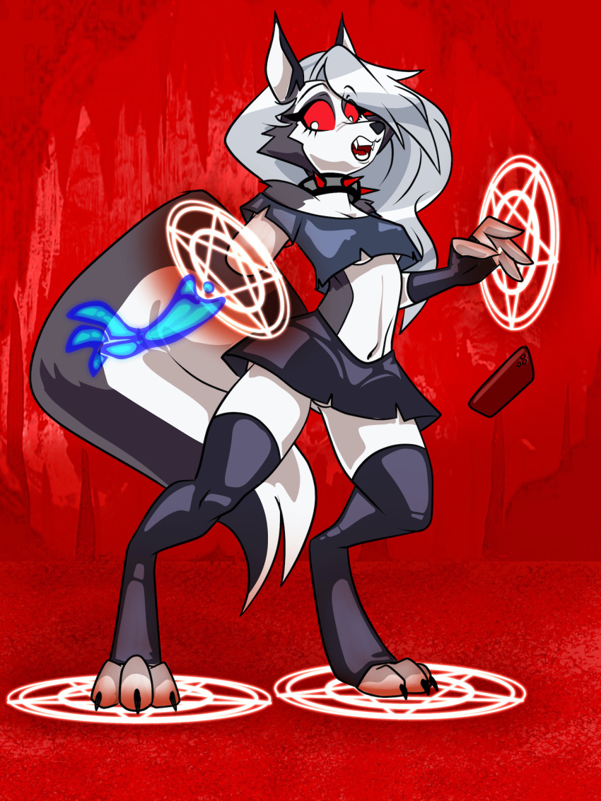 amputee anthro bastianmage canid canid_demon canine canis clothed clothing collar demon disability female fur grey_body grey_fur hair hellhound helluva_boss hi_res loona_(helluva_boss) magic_user mammal missing_arm navel solo transformation white_body white_fur white_hair wolf
