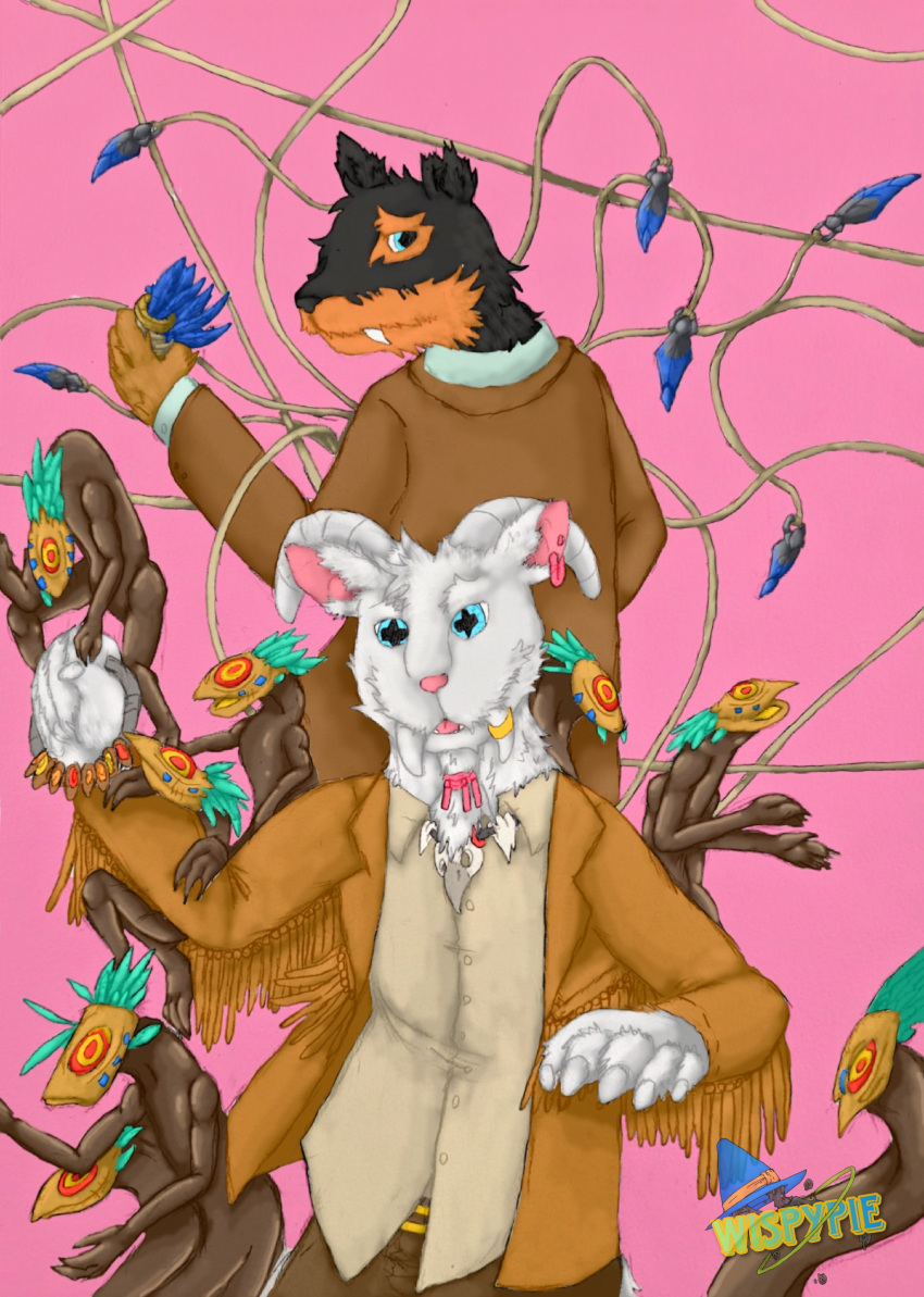 absurd_res anthro back_to_back black_body black_fur blue_eyes bone bottomwear bovid brown_body brown_fur canid canine caprine clothing coat duo ear_piercing ear_ring fangs feathers fur goat hi_res holding_object horn jacket jewelry magic magic_user male mammal monster multicolored_body multicolored_fur necklace notched_ear orange_body orange_fur pants piercing pupils ring_piercing robyn_crawford shirt simple_background smile spool string teeth topwear unusual_eyes unusual_pupils vampire warren_crawford weapon were werecanid werecanine werewolf white_body white_fur wispypie