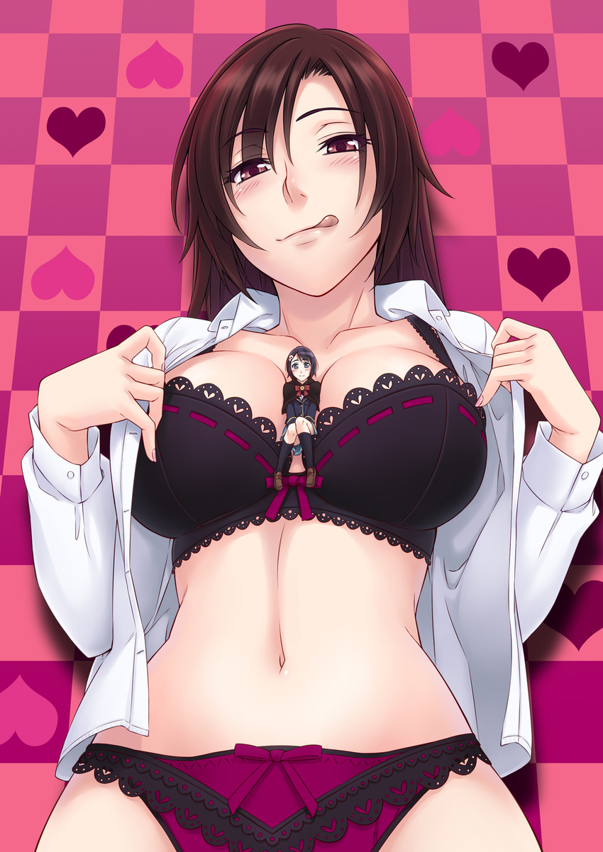 :q between_breasts black_bra blazer bow bow_bra bow_panties bra breasts capelet checkered checkered_background cleavage dress_shirt hair_ornament heart highres jacket kneehighs korisei lace lace-trimmed_bra lace-trimmed_panties large_breasts lingerie loafers microne_magazine minigirl multiple_girls no_pants open_clothes open_shirt original panties person_between_breasts purple_panties school_uniform shirt shoes short_hair skull_hair_ornament smile tongue tongue_out underwear