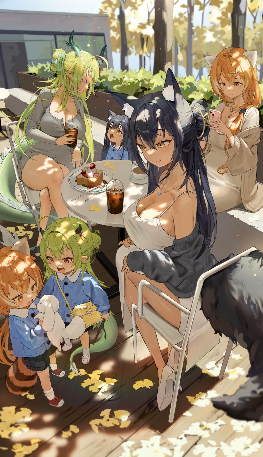 absurdres animal_ear_fluff animal_ears autumn black_hair bodiedwile breasts camisole character_request child cleavage closed_mouth copyright_request crossed_legs dongtan_dress dress drink ginkgo_leaf green_eyes green_hair hair_between_eyes hair_bun highres horns large_breasts leaf long_hair meme_attire multiple_girls orange_eyes orange_hair outdoors pointy_ears sitting smile table tail tree_shade very_long_hair yellow_eyes