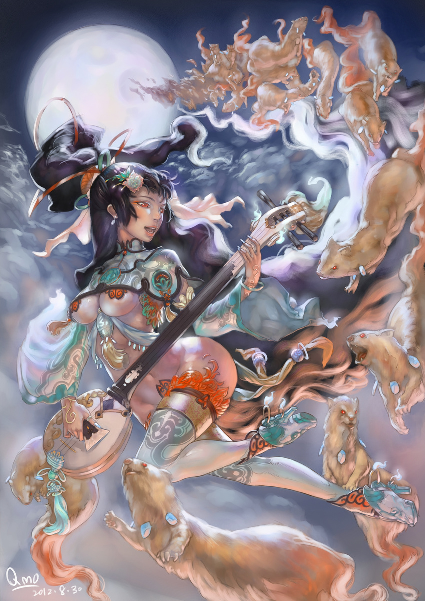 absurdres animal black_hair breasts cleavage cloud earrings full_moon hair_ornament highres instrument jewelry long_hair medium_breasts moon mouse open_mouth original qmo_(chalsoma) red_eyes sky
