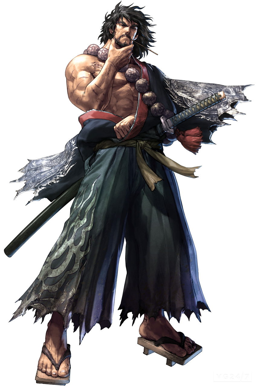 1boy absurdres beads beard black_hair facial_hair geta hakama highres japanese_clothes katana kawano_takuji kimono male male_focus manly mitsurugi mitsurugi_heishirou mouth_hold muscle namco off_shoulder official_art old_man prayer_beads sandals sash scar sheath solo soul_calibur soulcalibur_v straw sword torn_clothes weapon