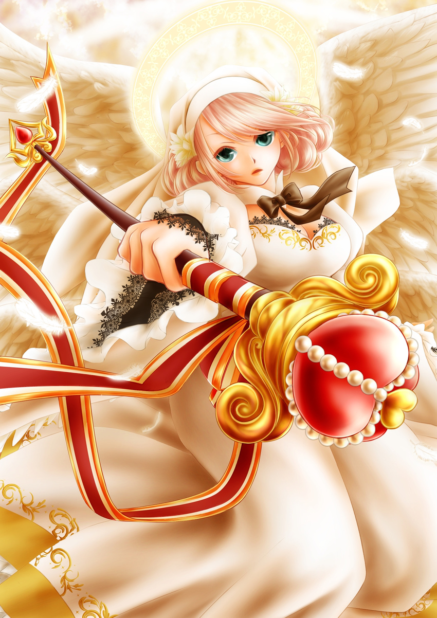 blue_eyes dress hat highres jewelry original pink_hair ribbon short_hair solo staff sunlight wings