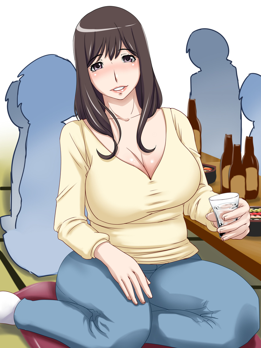 1girl absurdres alcohol beer blush breasts brown_eyes brown_hair cleavage cup denim drinking hamasei highres jeans kamomes kneeling large_breasts long_hair looking_at_viewer milf pants sitting smile socks tetsukui