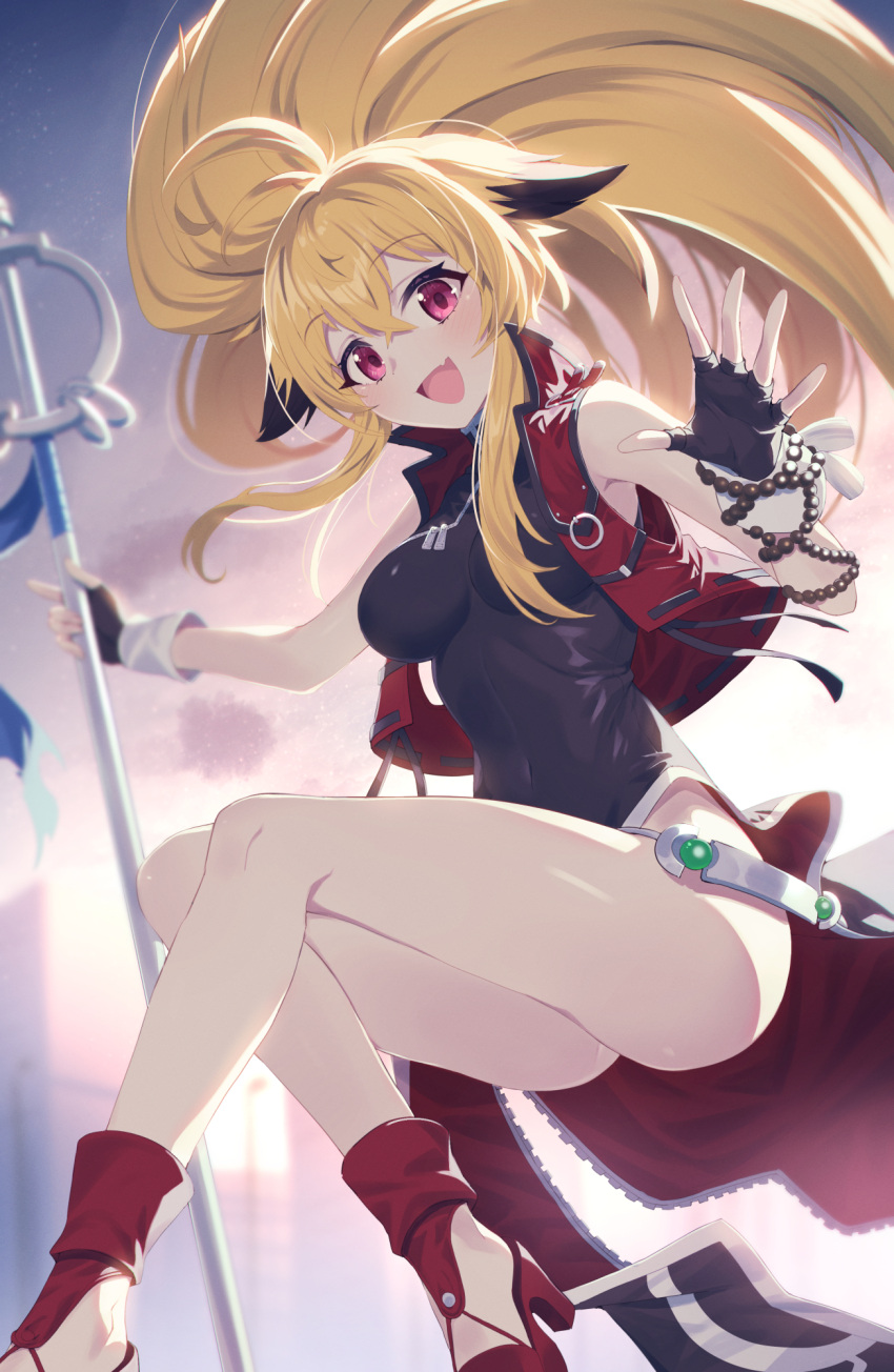 1girl animal_ears black_dress black_gloves blonde_hair cropped_vest dress fingerless_gloves fox_ears gloves high_heels highres holding holding_staff japanese_clothes long_hair matsumoto_tomoyohi miko namco_x_capcom navel nontraditional_miko project_x_zone purple_eyes red_footwear red_vest solo staff vest xiaomu