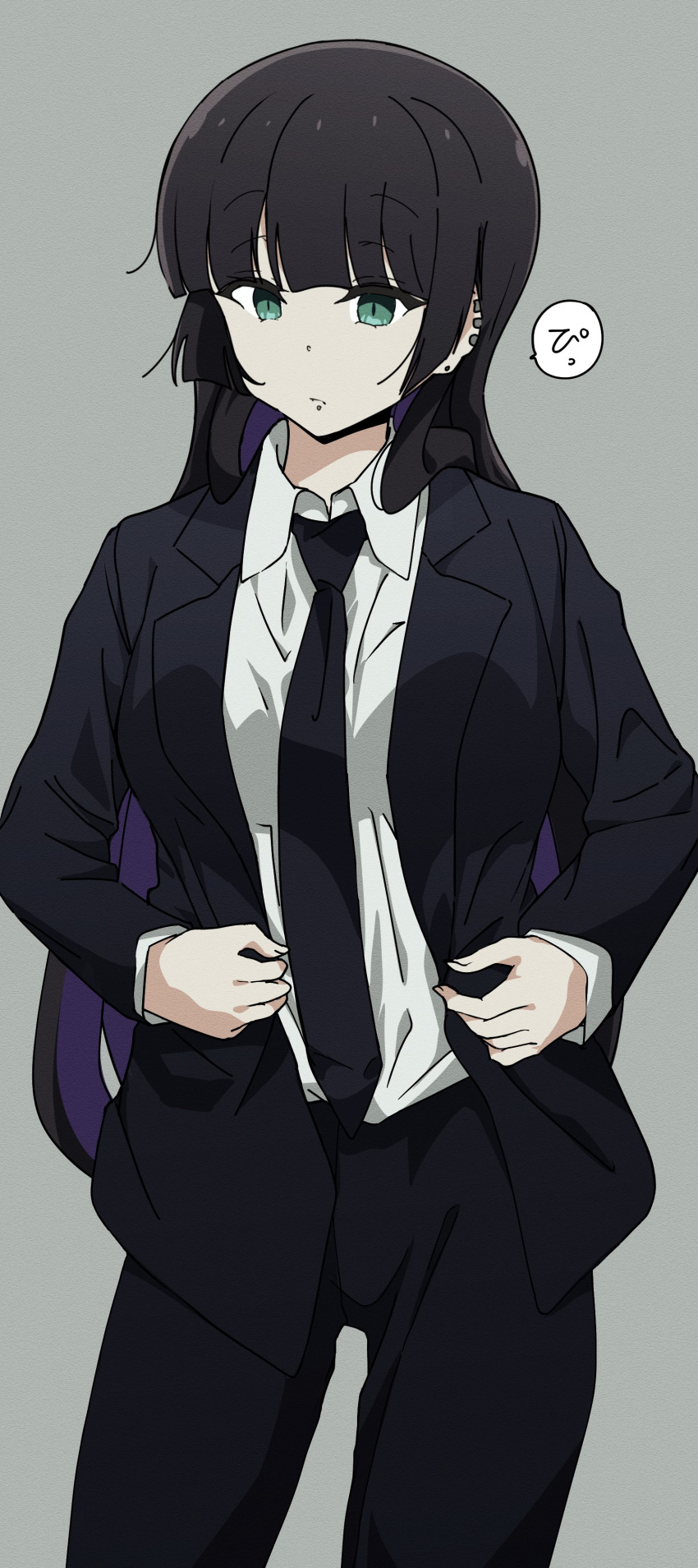1girl absurdres aqua_eyes black_hair black_necktie black_pants black_suit bocchi_the_rock! chin_piercing colored_inner_hair cowboy_shot ear_piercing formal goumonsha grey_background highres hime_cut long_hair looking_at_viewer multicolored_hair necktie pa-san pants piercing purple_hair shirt simple_background solo suit two-tone_hair white_shirt